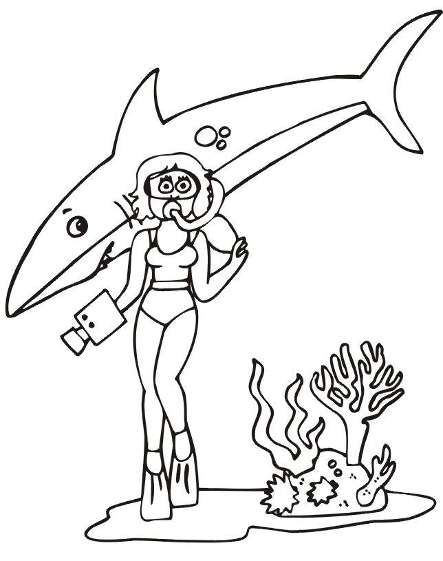 Shark coloring page shark woman diver