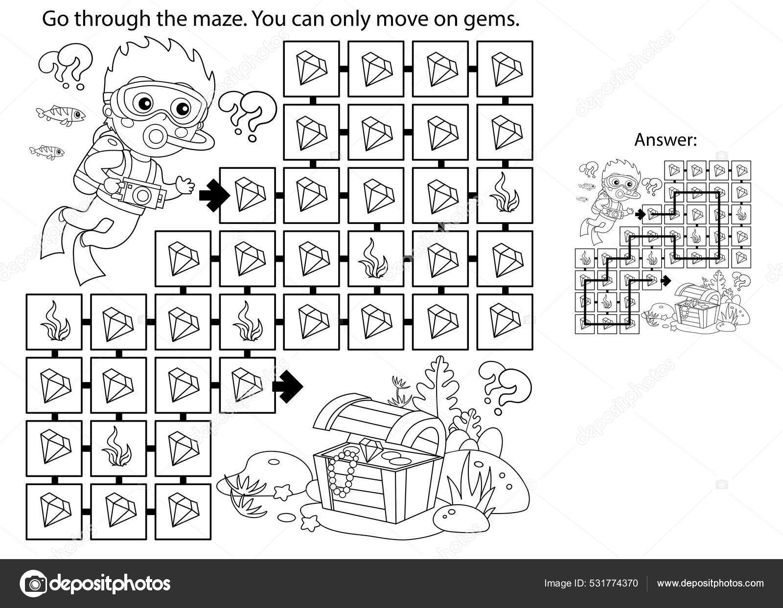 Maze labyrinth game puzzle coloring page outline cartoon boy scuba stock vector by oleon