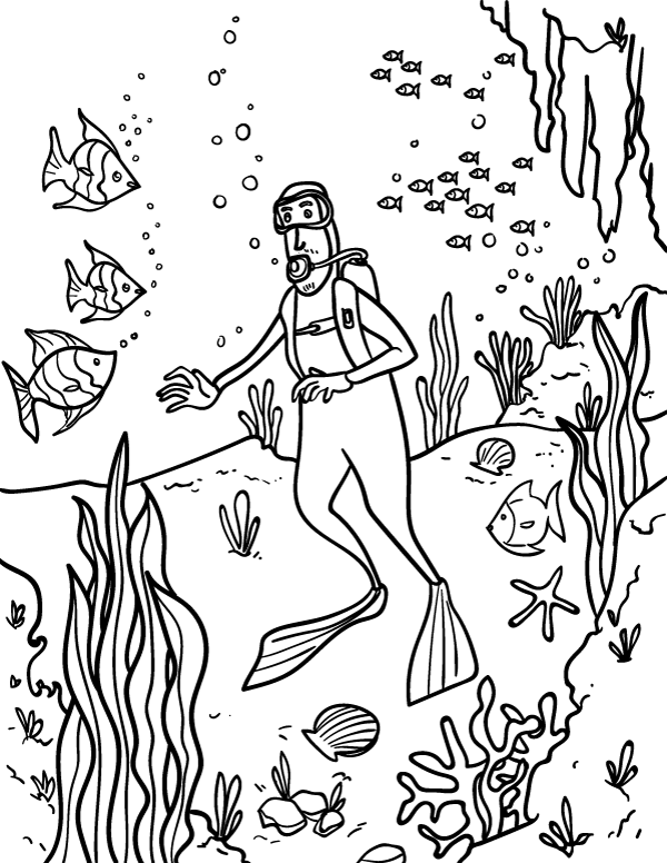 Printable scuba diver coloring page