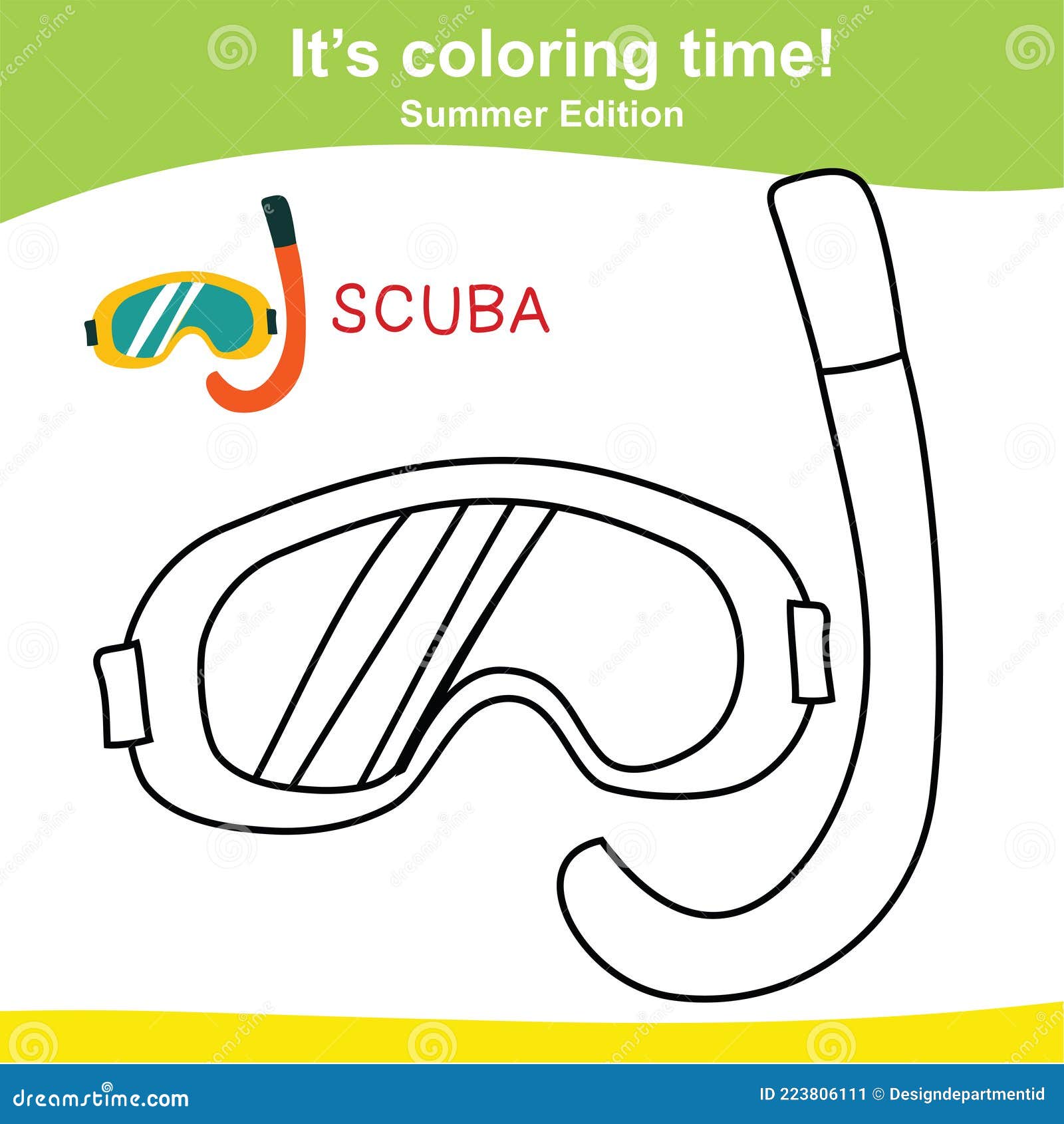 Coloring scuba worksheet page educational printable coloring worksheet stock vector