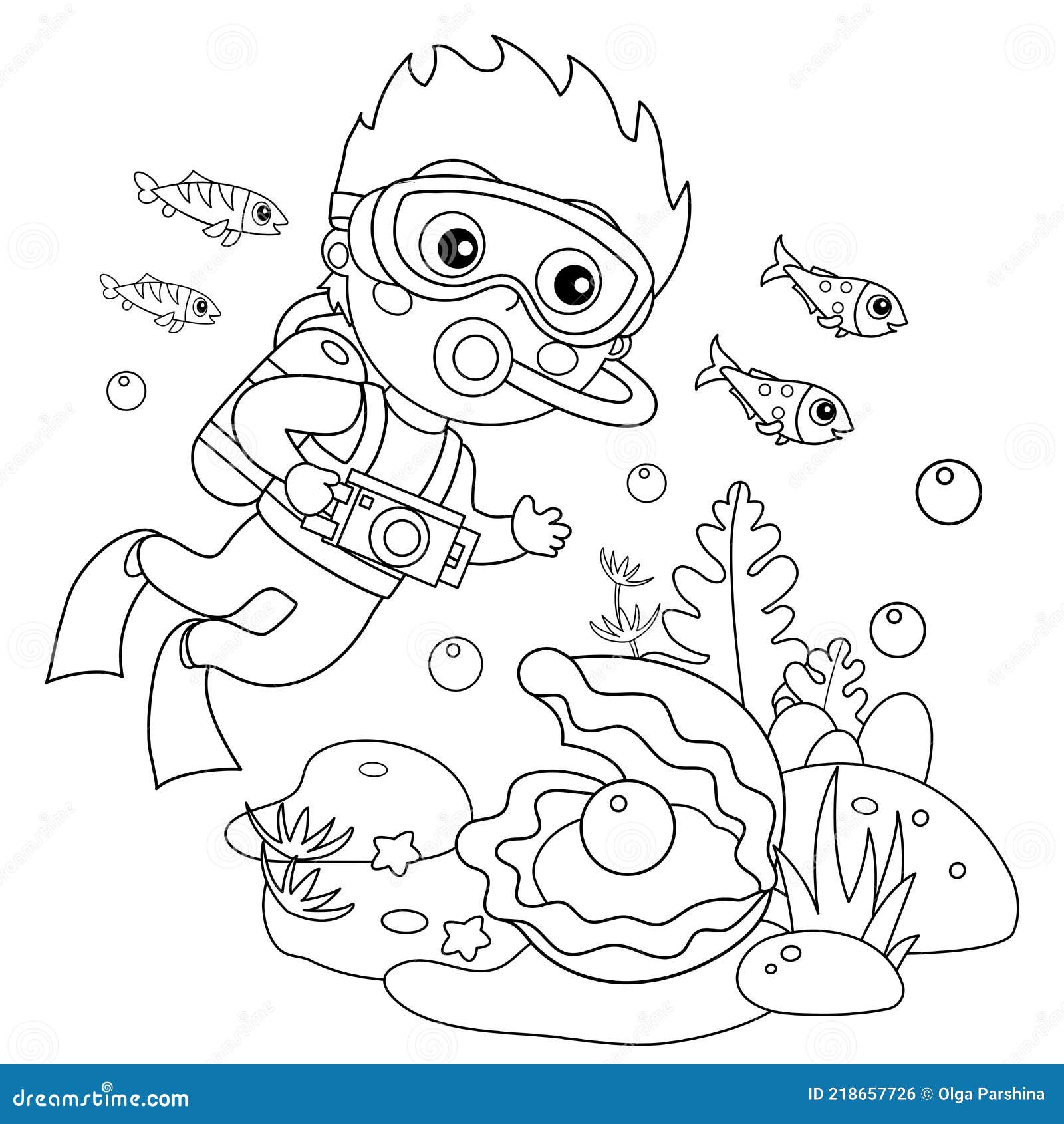 Coloring page outline of cartoon little boy scuba diver marine photography or shooting underwater world stock vector
