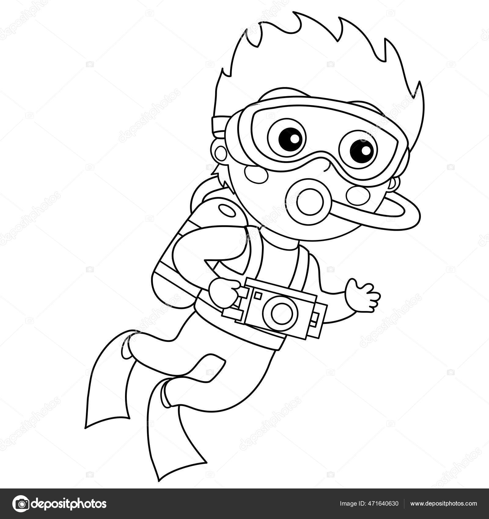 Coloring page outline cartoon little boy scuba diver marine photography stock vector by oleon