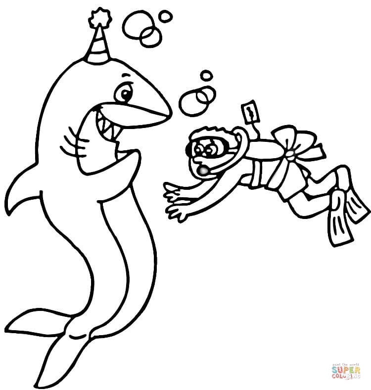 Scuba diver and a happy shark coloring page free printable coloring pages