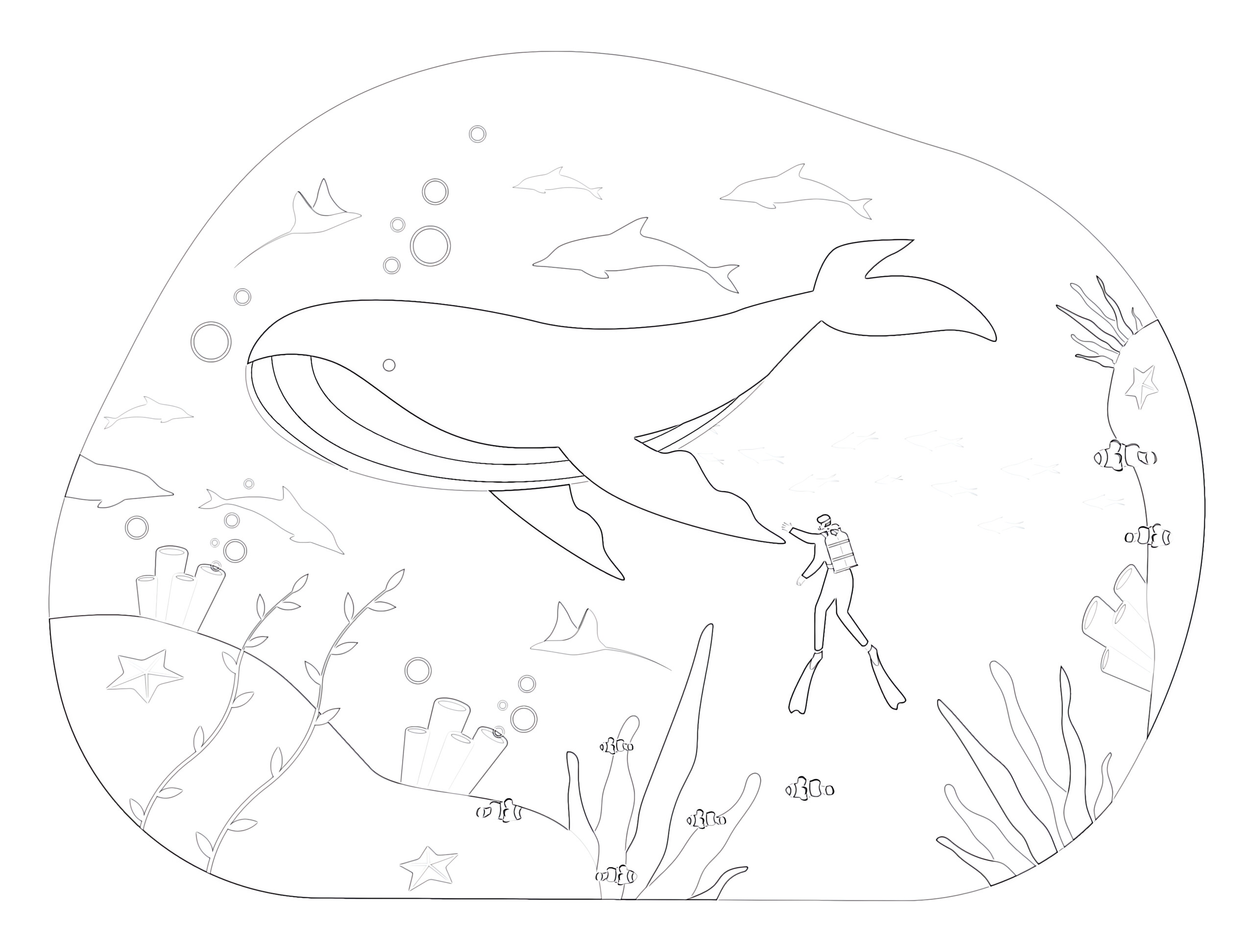 Whale and scuba diving coloring page