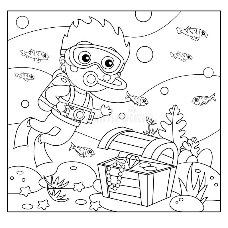 Coloring page outline of cartoon little boy scuba diver with chest of treasure marine photography or shooting underwater world stock vector