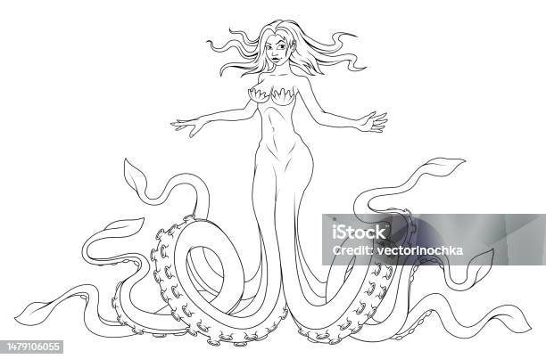 Kraken girl octopus woman sketch vector illustration beautiful sea creature stock illustration