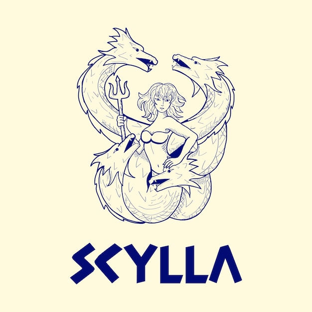 Premium vector greek mythology logo monster woman scylla with line style vector design inspiration