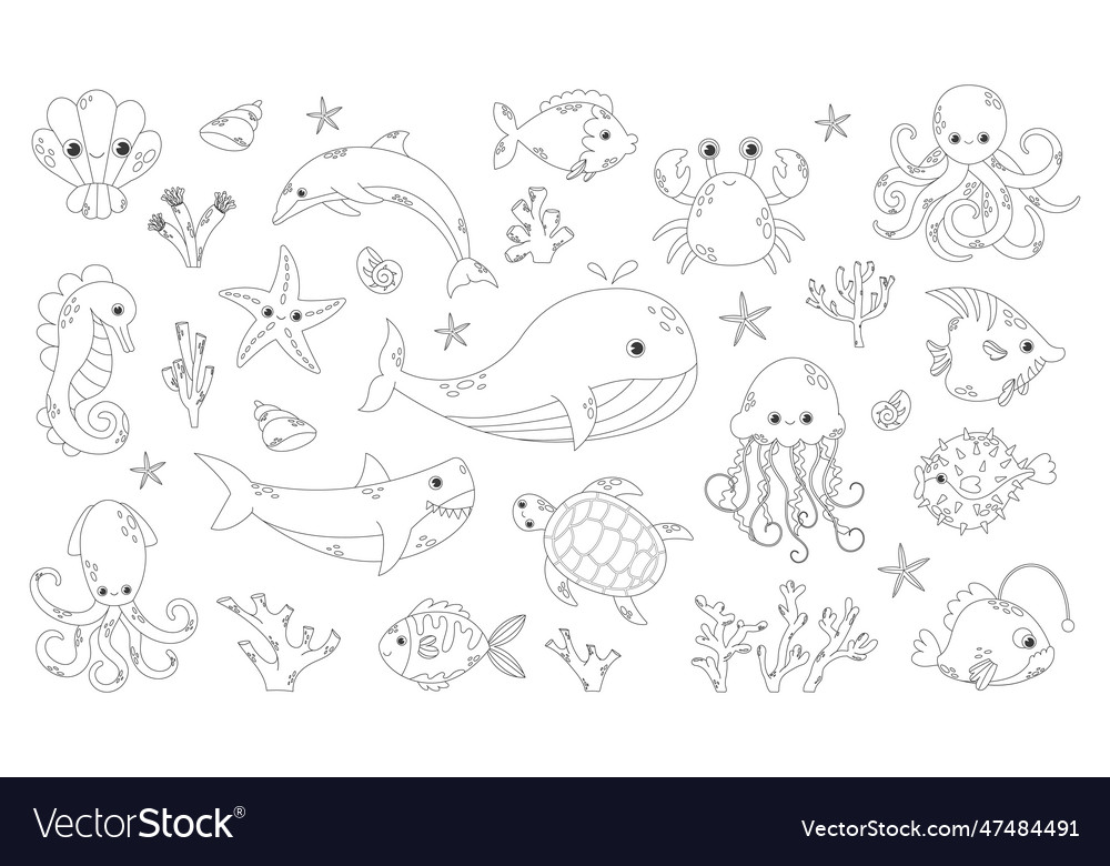 Sea animals coloring book for kids royalty free vector image