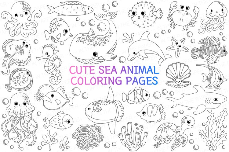 Sea animals coloring pages cute fish jellyfish seaweed