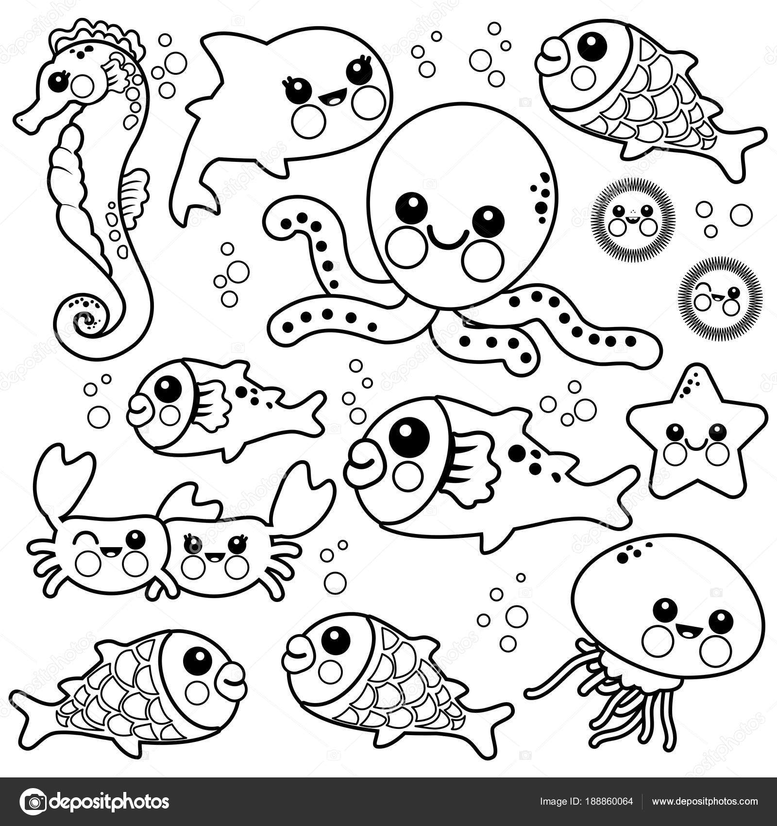 Sea animals coloring book page stock vector by stockakia