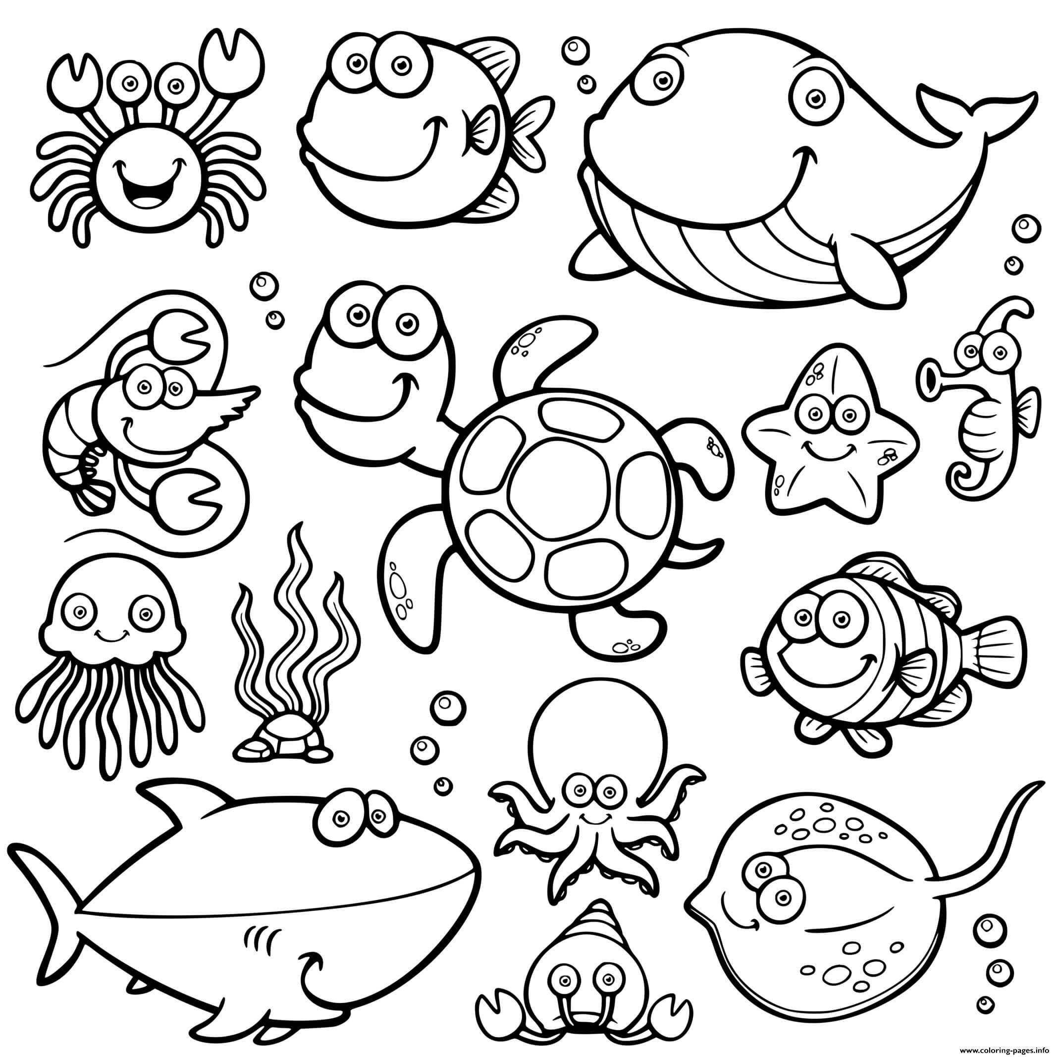 Cute sea animals coloring page printable