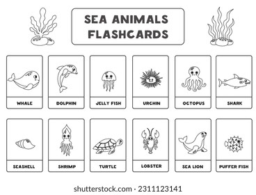 Black white flashcards kids cute sea stock vector royalty free