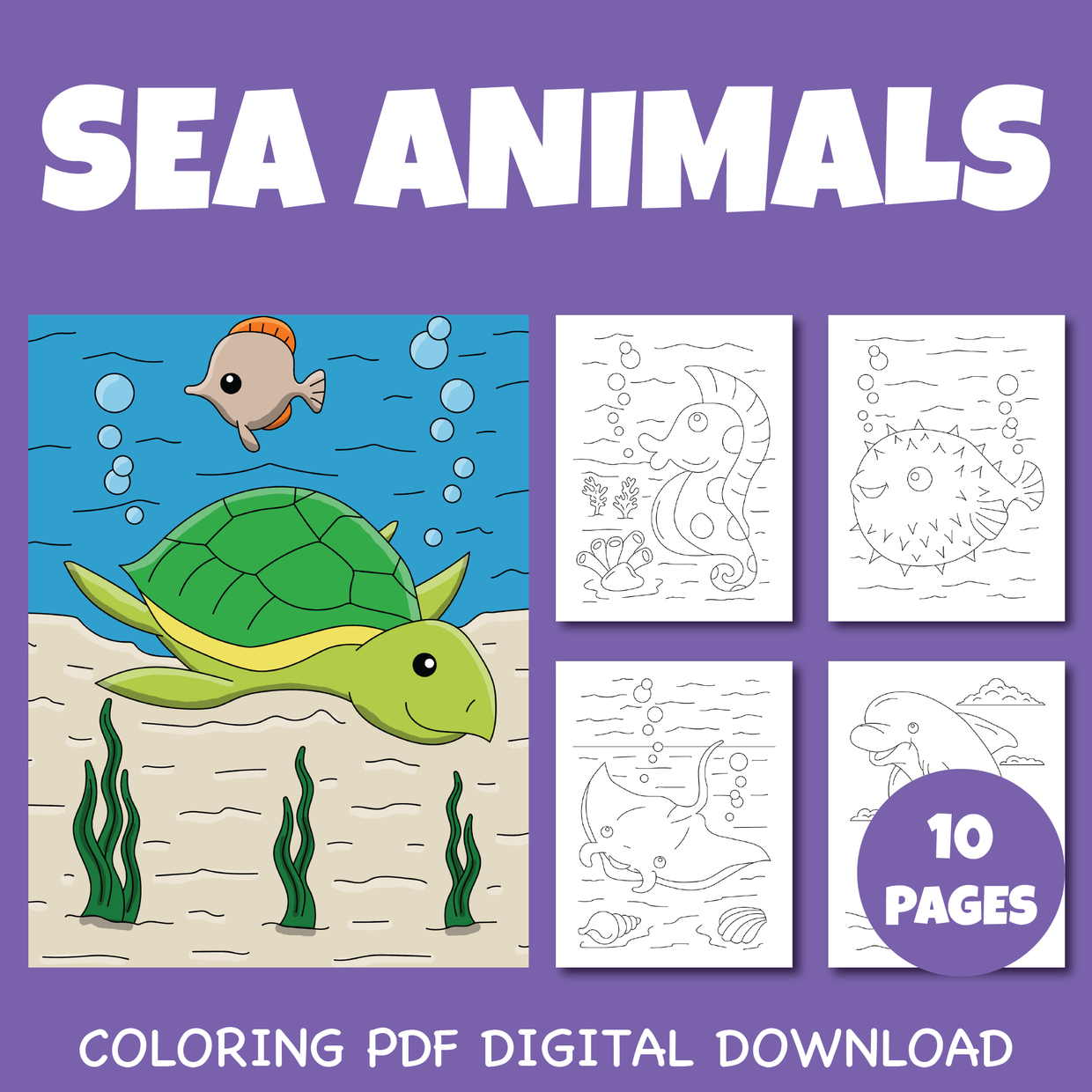 Sea animal coloring pages pack