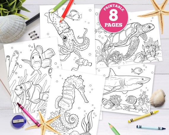 Digital coloring pages for kids sea creatures sea animals tropical fish underwater depths of ocean pdf instant download shark instant download