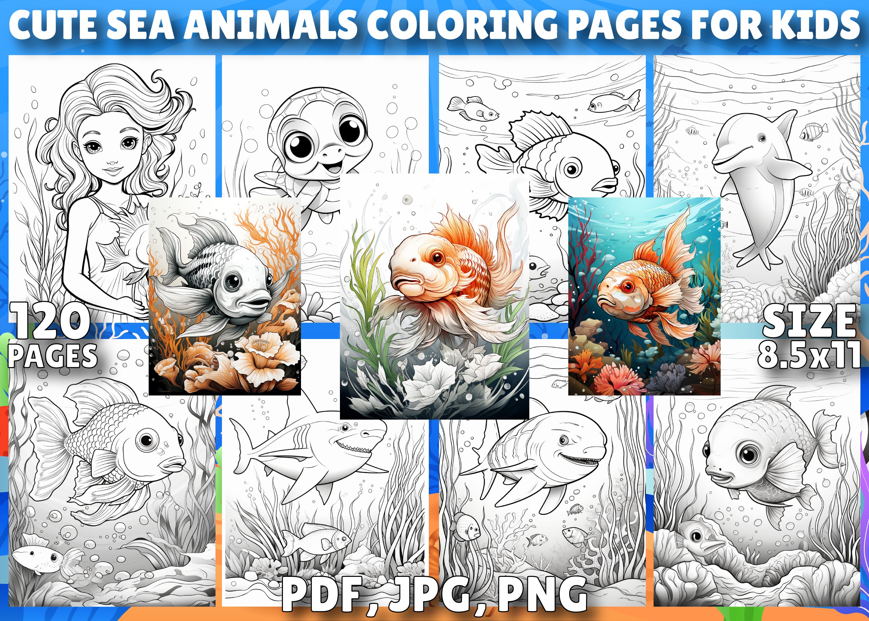 Sea animals coloring book for kids animal illustrations creative market