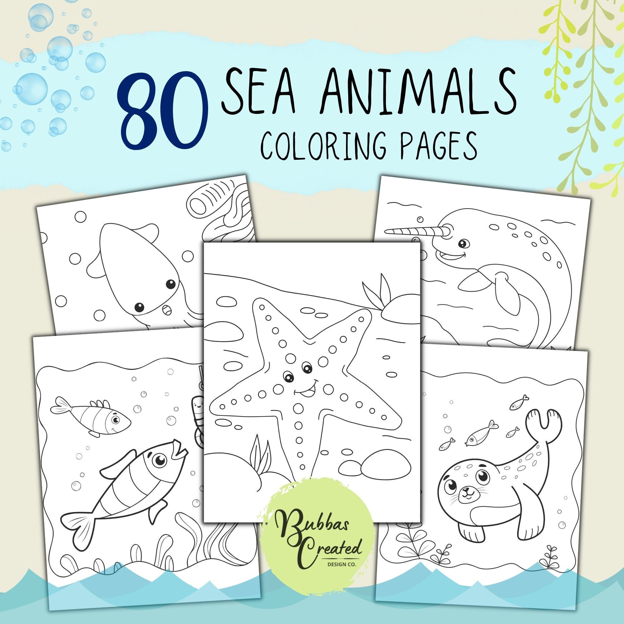 Sea animal coloring book pages cute sea animals coloring pages printable digital download kids coloring book kids coloring