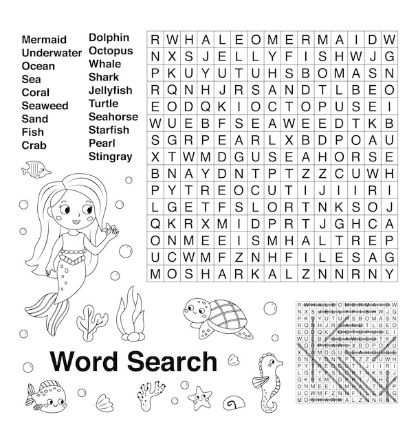 Premium vector sea word search with coloring page