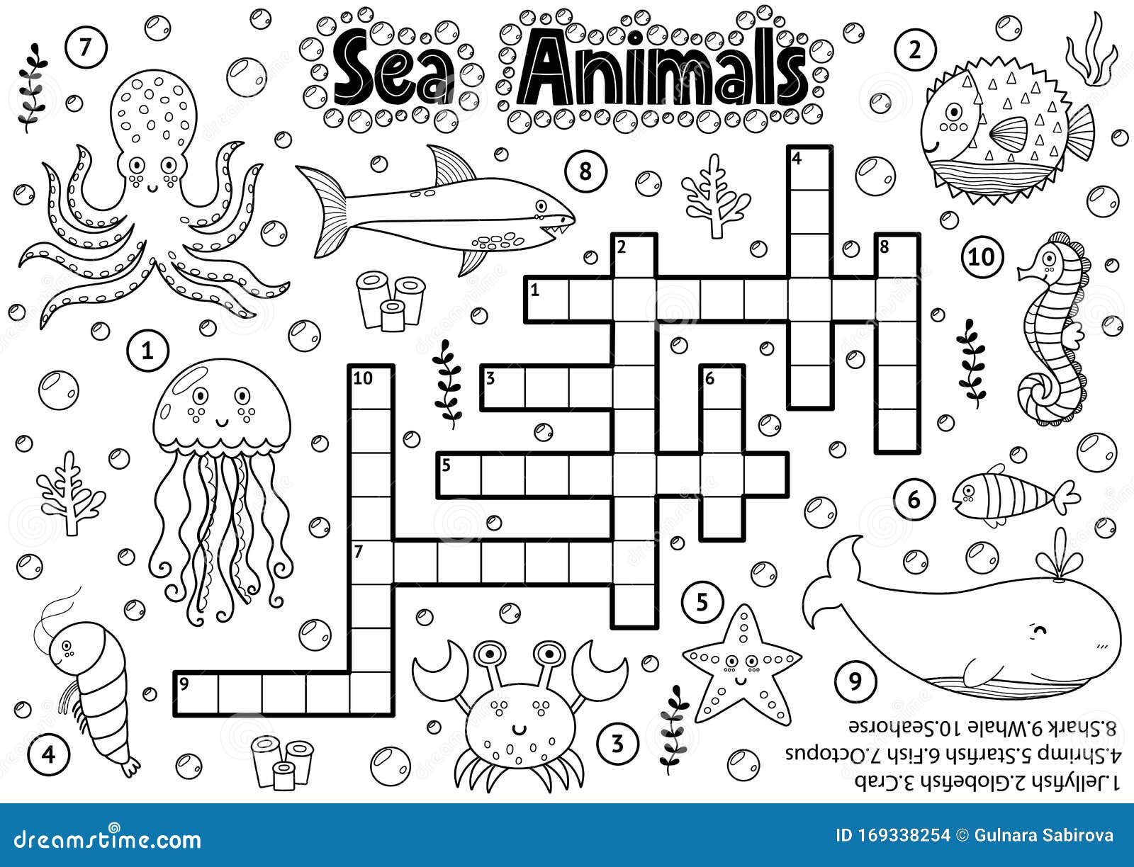 Black and white crossword with sea animals for coloring stock vector