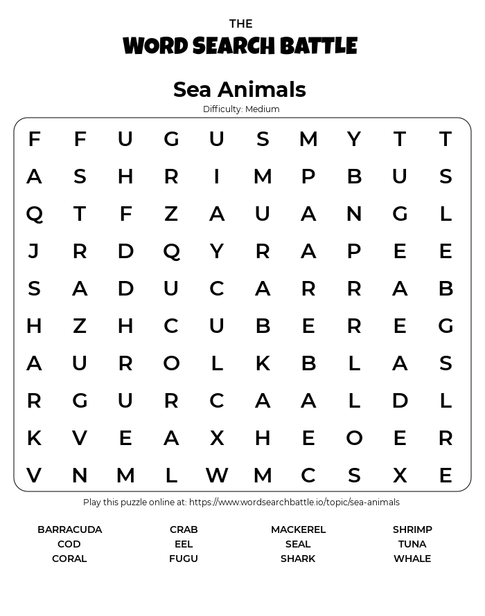 Printable sea animals word search
