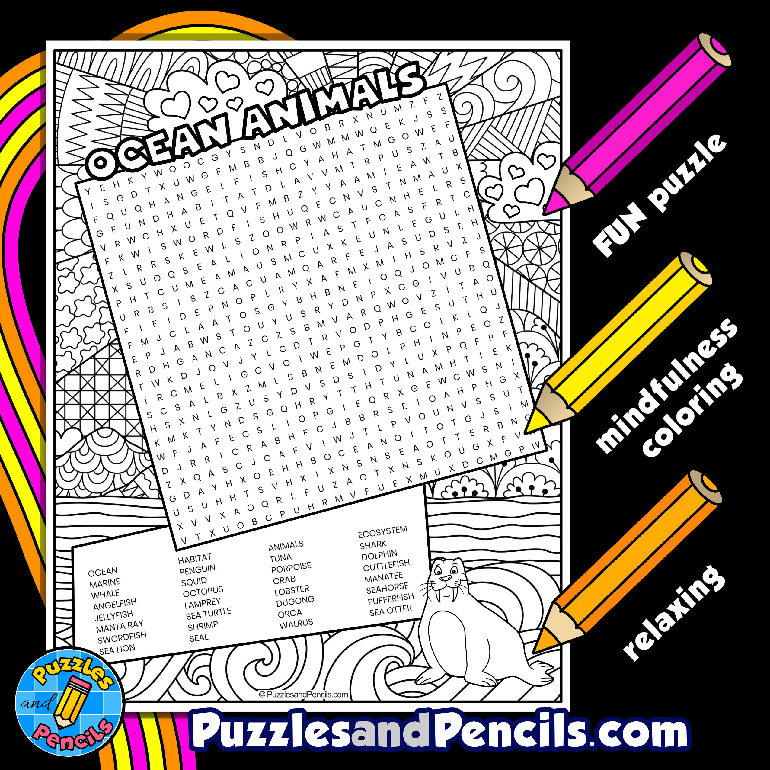 Ocean animals word search puzzle with coloring ocean habitat wordsearch made by teachers