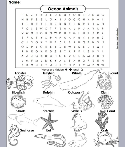 Ocean animals word search coloring book teaching resources