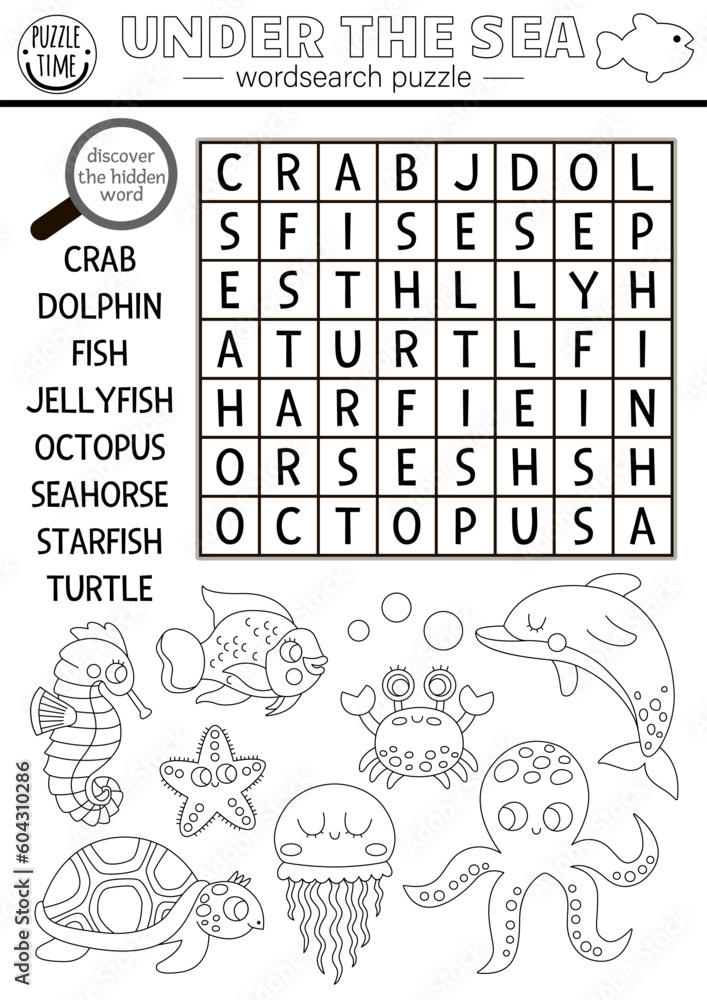 Vector black and white under the sea word search puzzle for kids simple easy line ocean life word search quiz water animals and fish educational activity coloring page with octopus crab
