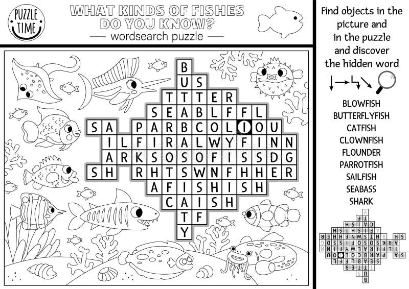 Vector black and white under the sea word search puzzle for kids simple ocean life line word search quiz for children stock vector
