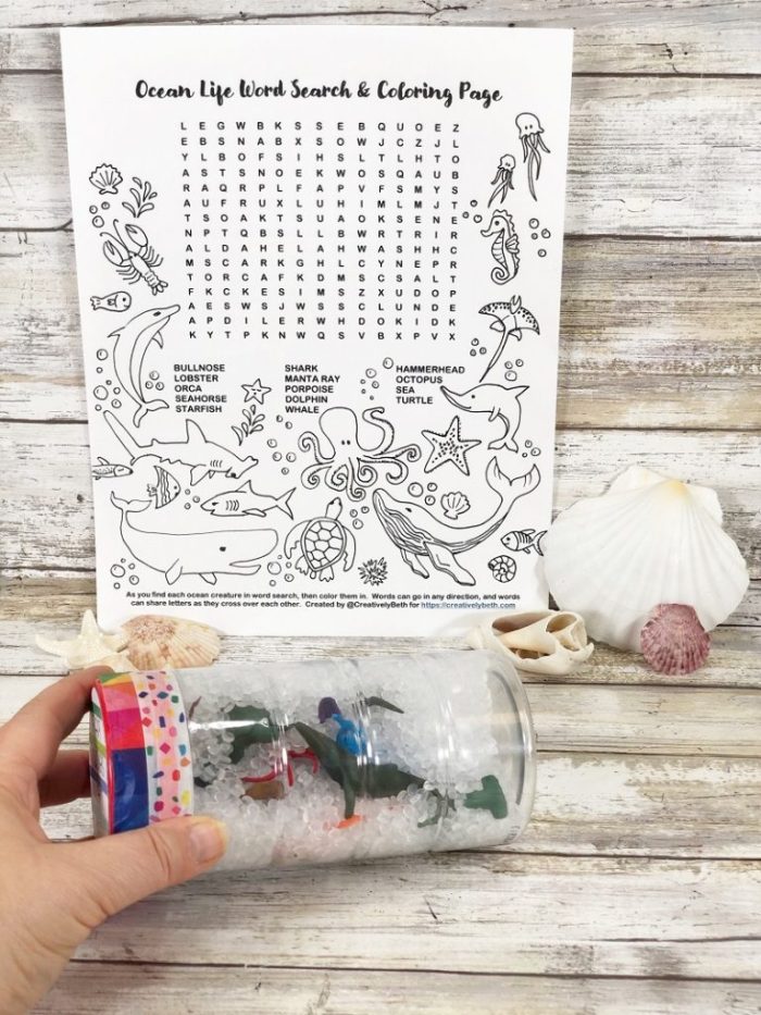 Ocean animal sensory bottle and word search