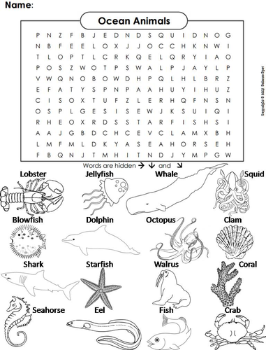 Ocean animals word search coloring book teaching resources