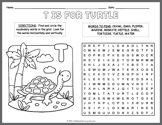 Turtle word search coloring page