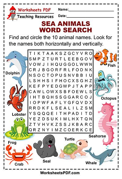 Sea animals word search animal worksheets word puzzles for kids sea animals