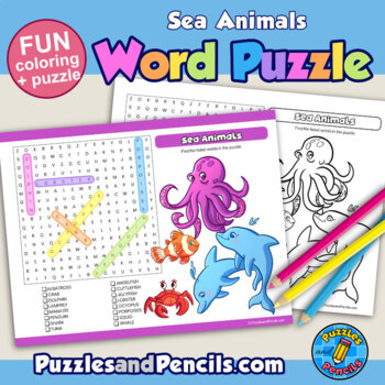 Sea animals activity page word search puzzle with coloring tpt
