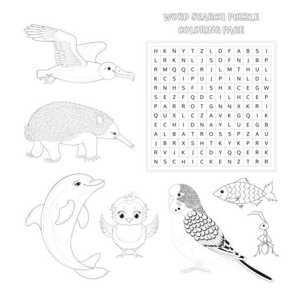 Word search puzzle coloring book page vector education game for children about animals worksheet for kids printable version vector illustration stock illustration