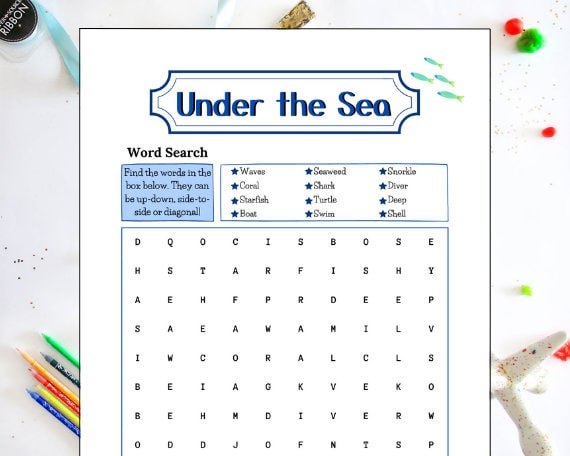 Kids word search game with coloring pages animals oceans classroom sports digital print at home
