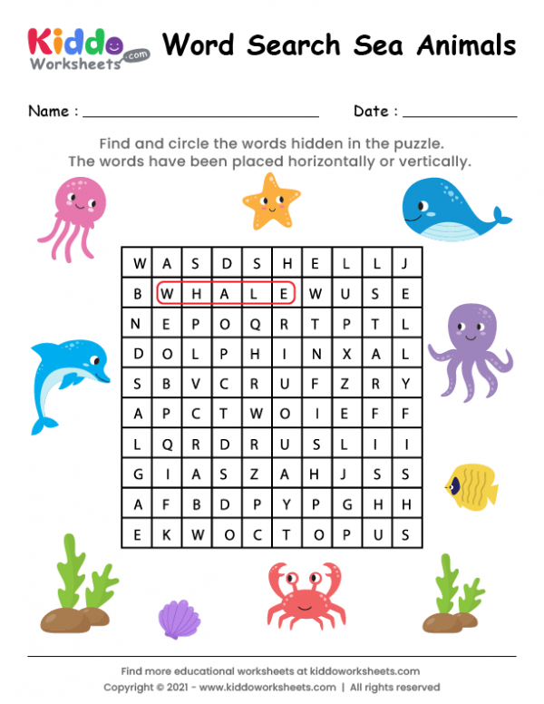 Free printable word search sea animals worksheet