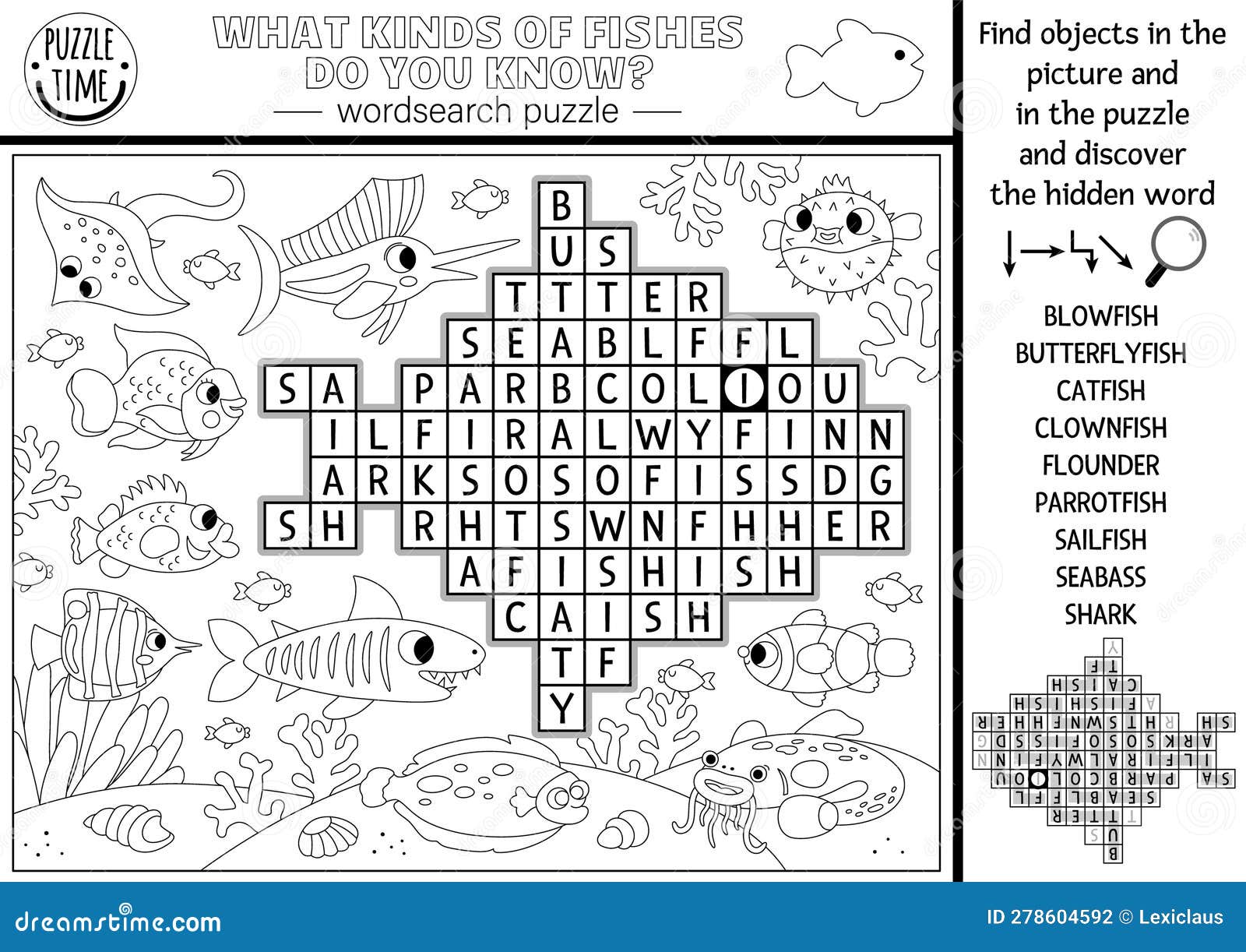Vector black and white under the sea word search puzzle for kids simple ocean life line word search quiz for children stock vector