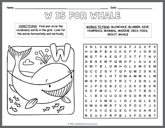 Whale word search coloring page