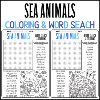 Sea animals coloring word search puzzle worksheets for kids ocean animals