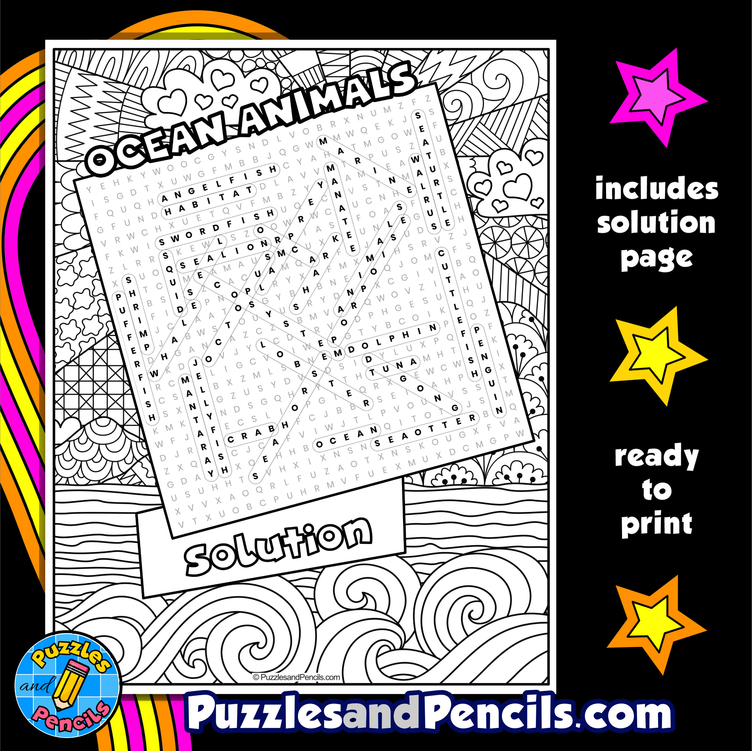 Ocean animals word search puzzle with coloring ocean habitat wordsearch made by teachers