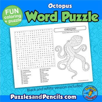 Octopus word search puzzle and coloring activity page marine life