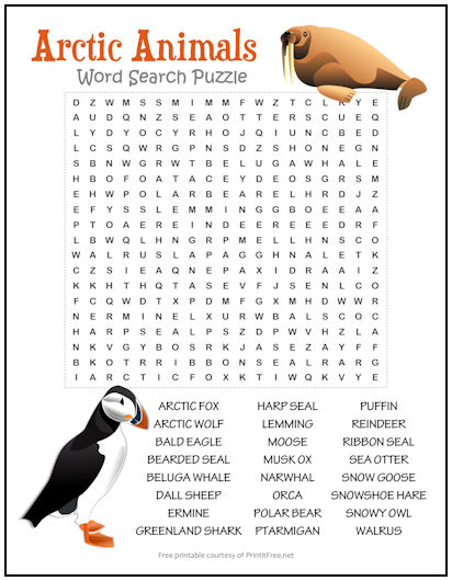 Arctic animals word search puzzle print it free