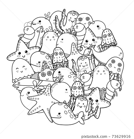 Circle shape coloring page with sea animals