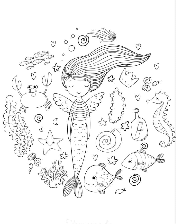 Cute mermaid and sea animals coloring page