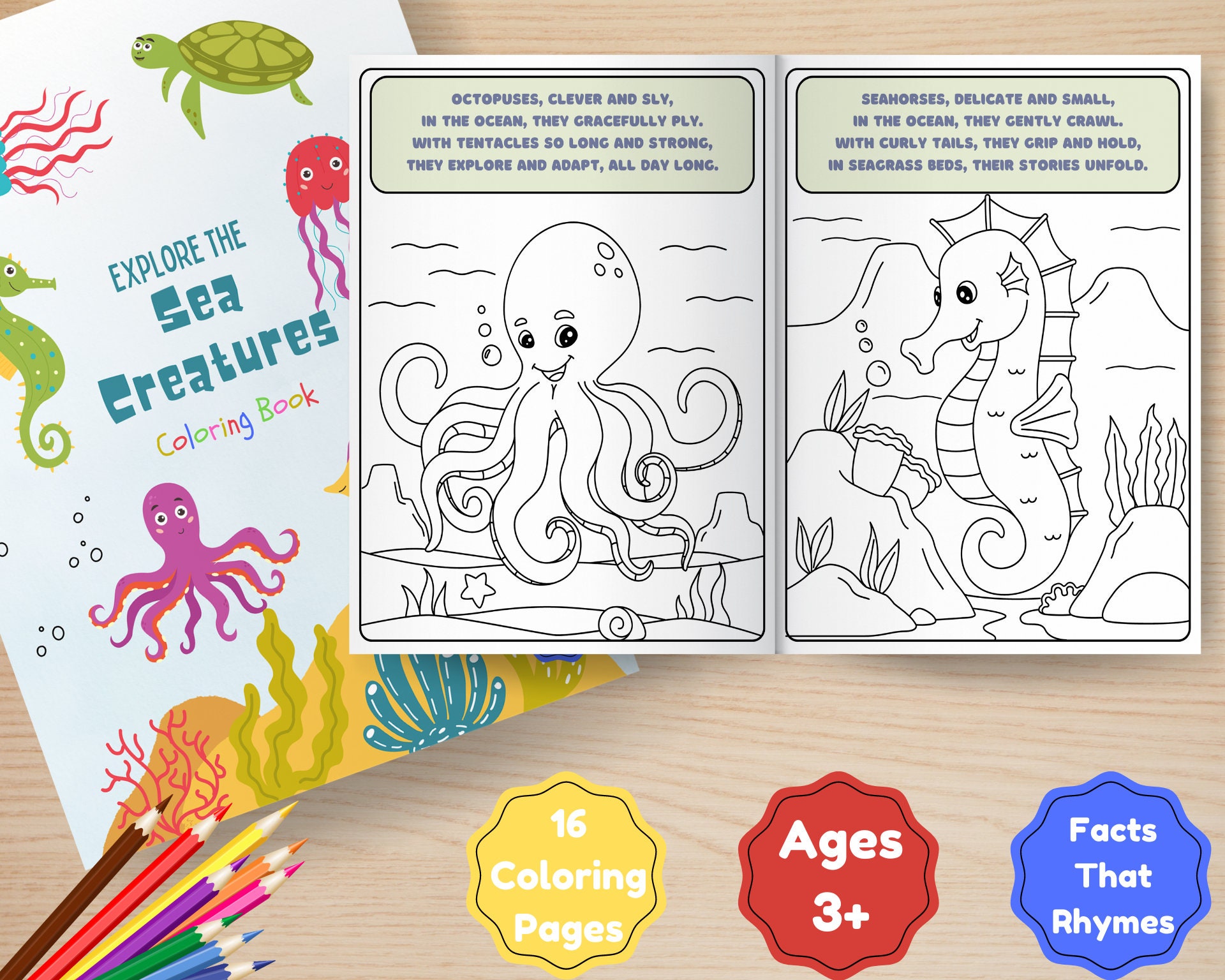 Sea animals coloring book for kids ocean creatures coloring page pages interesting poetic facts rhymes printable digital instant download