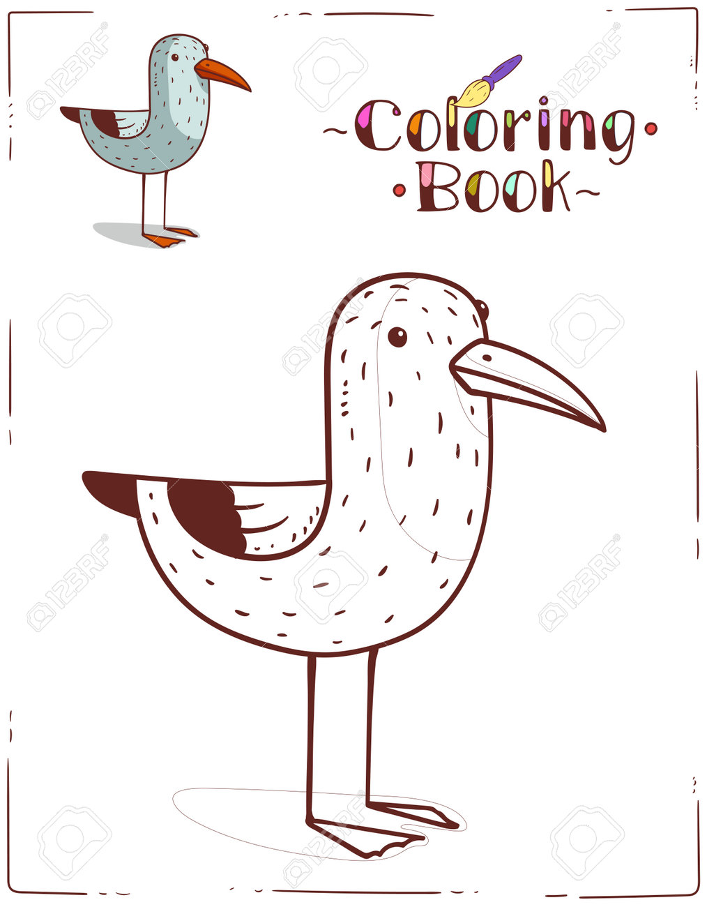 A seagull coloring sheet cartoon outline picture of a bird with colored example horizontal color book page contour illustration for childrens preschool education home activity for a kid royalty free svg cliparts