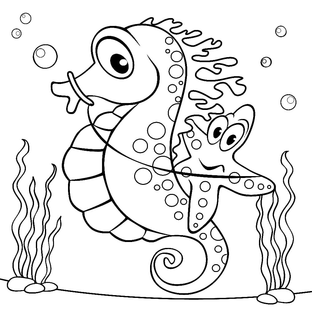 Starfish is riding seahorse coloring page