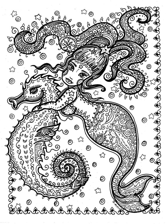 Printable coloring page sea horse and mermaid you download and color instant adult coloring page fantasy art download now