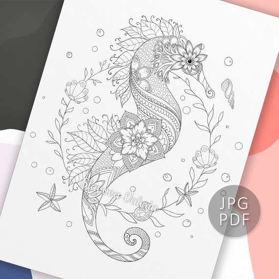 Printable sea horse coloring page adult coloring book pages by valeria slavova