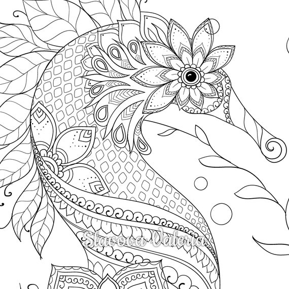 Printable sea horse coloring page adult coloring book pages by valeria slavova