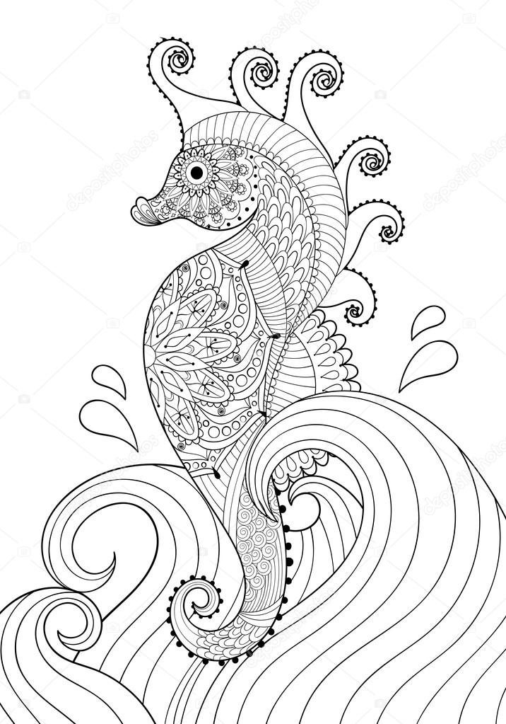 Hand drawn artistic sea horse in waves for adult coloring page a stock vector by ipanki